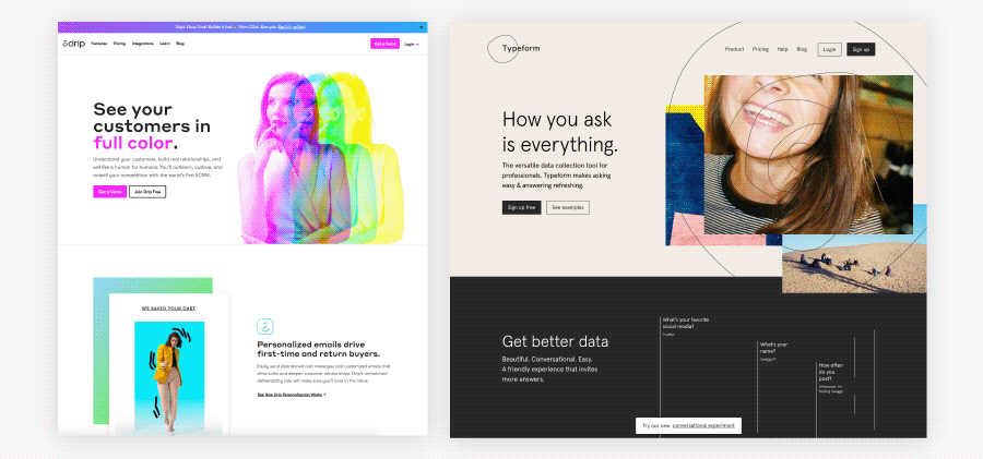 Typeform and Drip website screenshots.